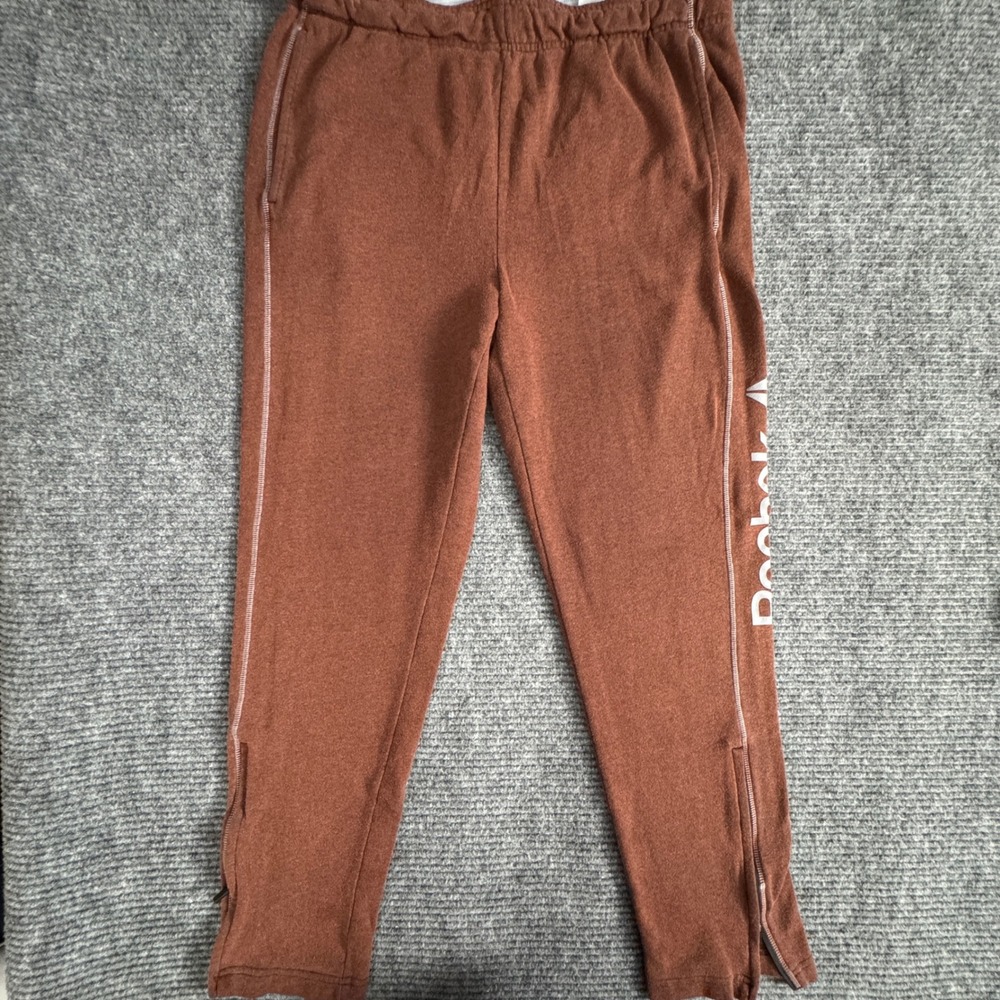 Reebok Mens L Track Pants Brown Heather Zip Ankle Tapered Athletic Logo Fleece